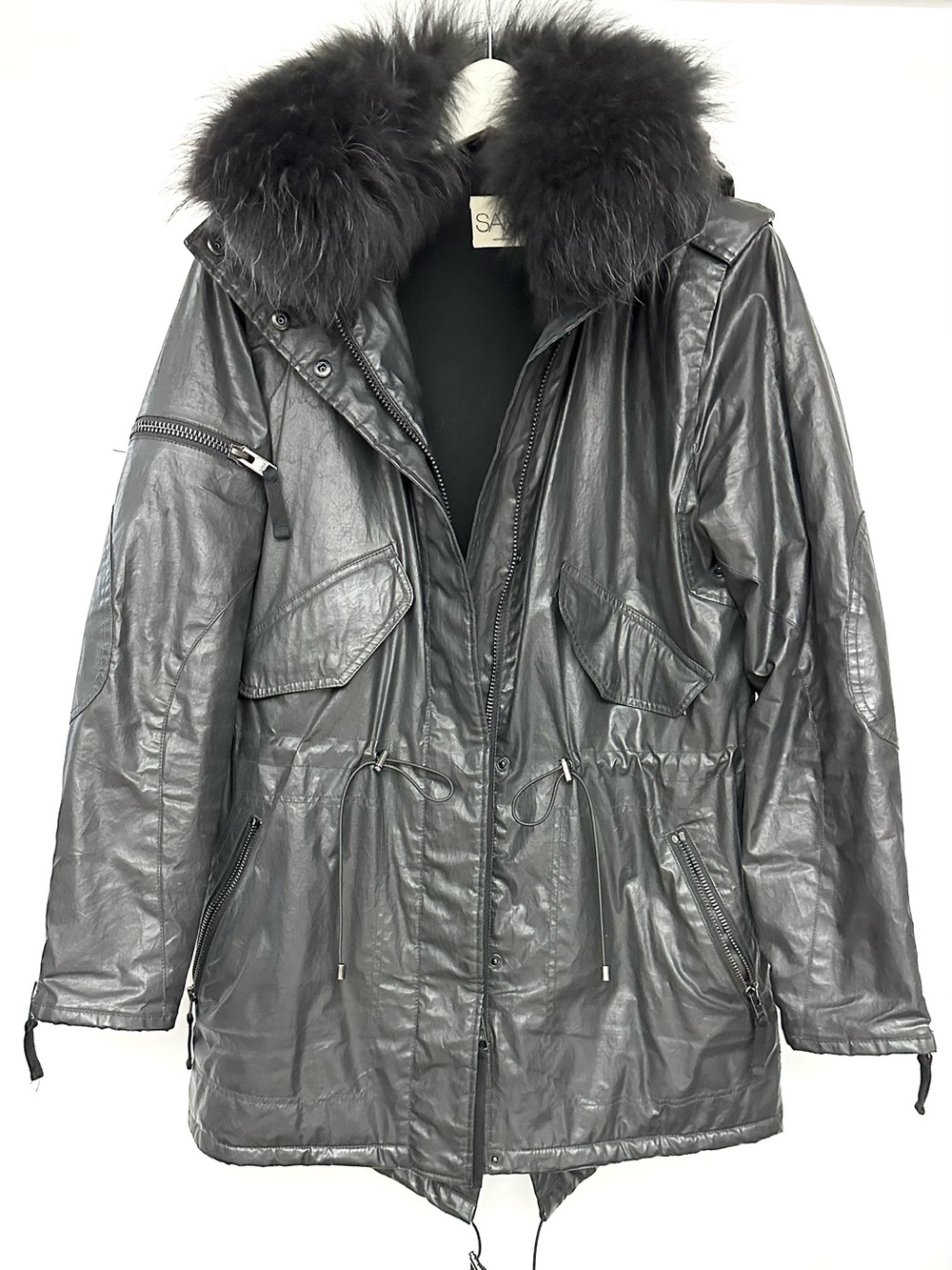 SAM. Newyork coated canvas parka with raccoon fur trim hood